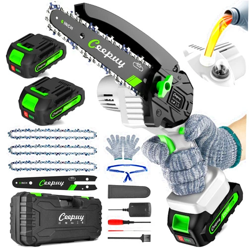 CEEPUY Mini Chainsaw Cordless,6 Inch Portable Electric Chain Saw w/ Automatic Oiler, Battery Powered Small Handheld Saw w/ Security Lock Trees Branches Trimming, Wood Cutting, 2 Batteries 3 Chains