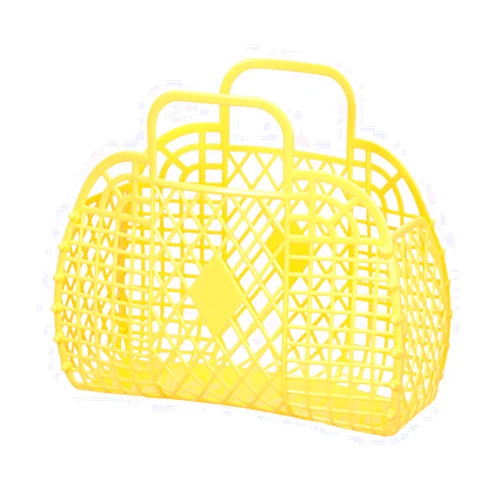 QSTNXB Beach Bag, Reusable Jelly Bags, Portable Foldable Plastic Basket Purse, Large Hollow Storage Basket, Gift Basket with Handles, for Kids, Girls, Women(S-Yellow)