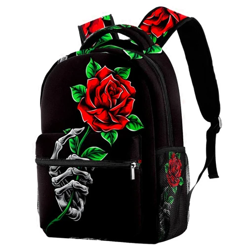 Niaocpwy Skeleton Hand Holding Red Rose School Backpack Medium Size, Travel Bag For Women Girls Men Boys Teens