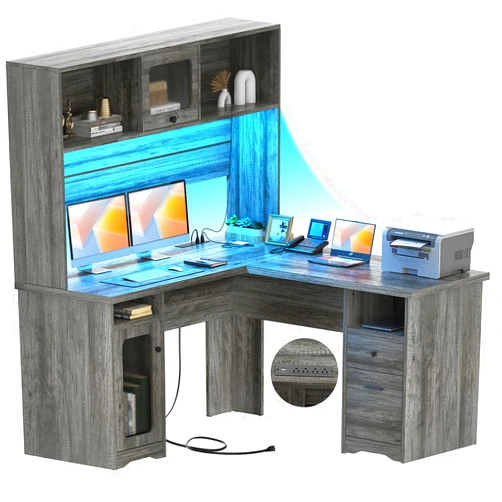 Unikito L Shaped Desk with Drawers and Hutch, Large Office Desk with Power Outlet and LED Lights, 60 Inch Modern Corner Computer Table with File Cabinets, Sturdy 2 Person Home Office Desk, Black Oak