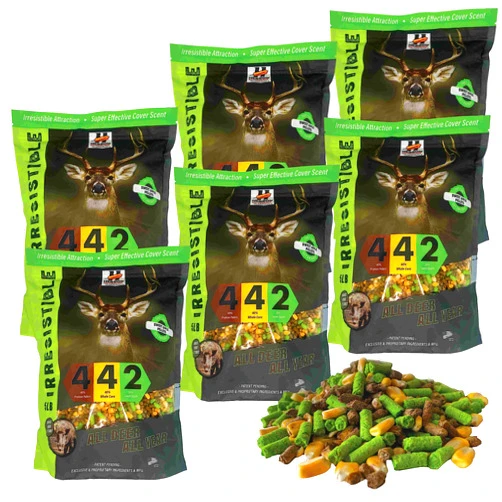 H HERRON OUTDOORS THE BETTER CHOICE Herron Outdoors 4-4-2 Sweet Apple, Whole Corn & Sweet Apple Pellets Protein- Deer Attractants for Whitetail Deer and Feed Bait for All Hunters All Seasons- 5lbs (6pack)