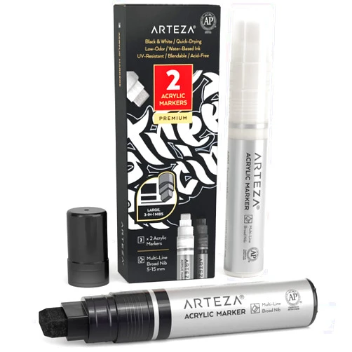 ARTEZA Acrylic Paint Pens, Set of 2, White & Black, 3-in-1 Multi-Line Nibs, 5–15 mm Line, UV-Resistant Paint Markers for Rocks, Glass, Metal, and Wood, Art Supplies for School, Office, and Home