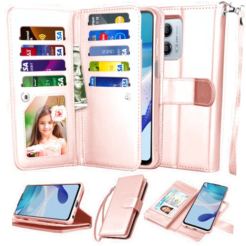 Njjex For Motorola Moto G 5G 2024 Wallet Case, For Moto G Play 5G 2024 Case, [9 Card Slots] PU Leather ID Credit Card Holder Folio Flip [Detachable] Kickstand Magnetic Phone Cover & Lanyard -Rose Gold