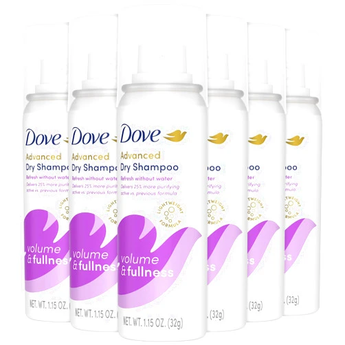 Dove Advanced Dry Shampoo, Travel-Size, Volume & Fullness, 6-Pack, Travel Essentials, 1.15 Oz Ea