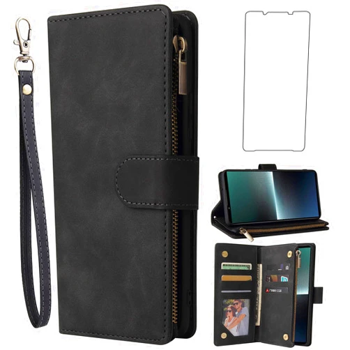 Asuwish Compatible with Sony Xperia 1 V 2023 Wallet Case Tempered Glass Screen Protector and Leather TPU Kickstand Flip Cover Card Holder Stand Cell Accessories Phone Cases for 1V 5G Women Men Black