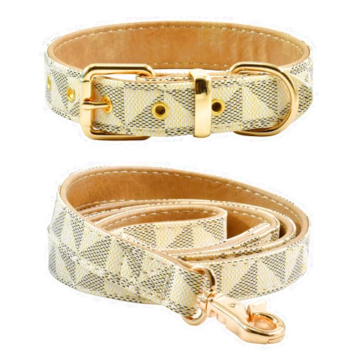 XPangle Leather Dog Collar and Leash Set, Check Pattern Dog Collar Leashes Metal Buckle Adjustable Durable for Small Medium Large Dogs (White, S(11.4-13.4IN))