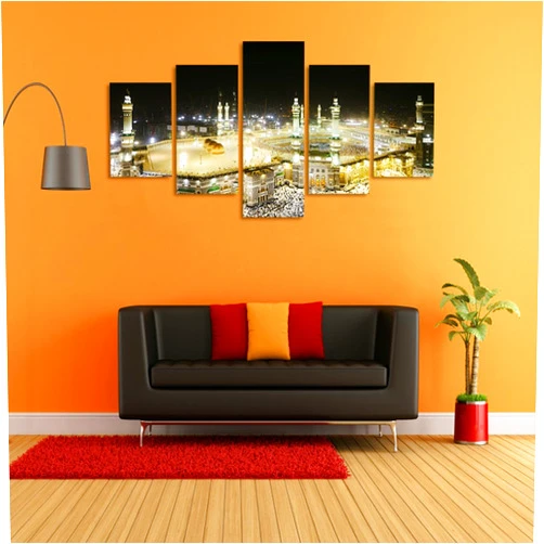 CrmArt 5 Panels Modern Canvas Islamic Muslim Canvas Wall Art Pictures of Hajj Pilgrimage to Kabah in Mecca Giclee Stretched Artwork for Bedroom Living Room Decorations