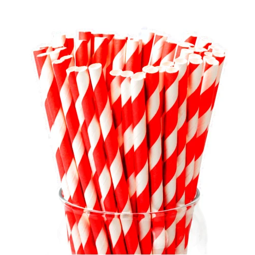 PakTalk 100 Pack Red Straws, Disposable Red and White Biodegradable Paper Striped Straws for Cocktail, Milkshake, Coffee, Lemonade (0.24