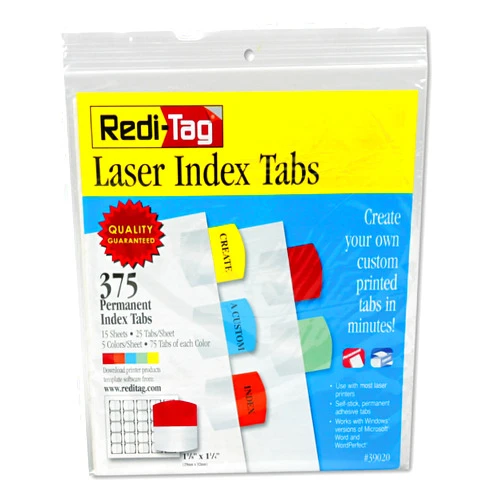 Redi-Tag Laser Printable Index Tabs, Permanent Adhesive, 1-1/8 x 1-1/4 Inches, Bulk Packed, 375 Tabs Per Pack, Assorted Colors (39020)