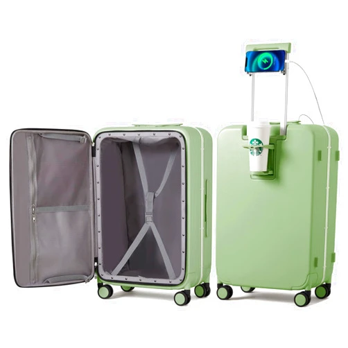 mixi Large Checked Luggage with Cup Phone Holder and Charger Hard Shell Suitcases with Spinner Wheels, 26 Inch Avocado Green
