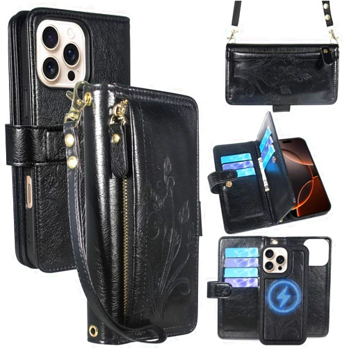 Lacass for iPhone 16 Pro Max Detachable Crossbody Wallet Case, Compatible with MagSafe Wireless Charging, [Cards Theft Scan Protection], Magnetic Case Stand PU Leather Zipper(Floral Black)