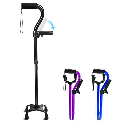 KingPavonini Adjustable Walking Cane for Men & Women with 4-Pronged Base for Extra Stability - Foldable Cane for Seniors with Foam Padded Offset Handle for Soft Grip & a Second Handle for Standing Black