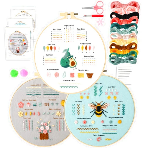 JOINRUN Embroidery Kit for Beginners Adults: 3 Embroidery Kit, Includes Stamped Patterns, Hoop, Needles and Color Threads, Full Range Accessories, Cross Stitch Kit Easy to Follow Instruction and Video