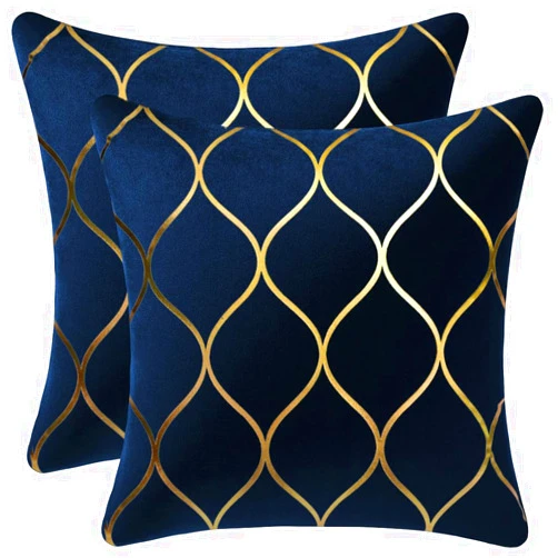 DEZENE Gold Velvet Throw Pillow Covers Navy: 2 Pack 16x16 Inch Square Decorative Pillow Cases for Bedroom Sofa Couch Living Room
