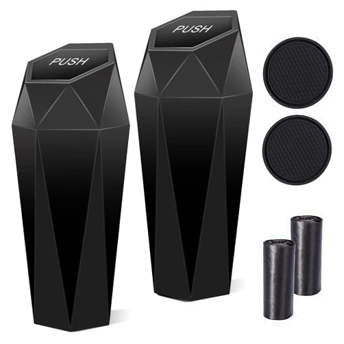 Tecfino Car Trash Can with Lid, 2 Packs Diamond Design Mini Cup Holder Trash Can for Car, Portable Automotive Car Garbage Bin for Car Office Home Use,Black