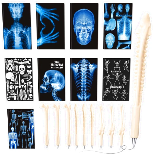 Resurhang 18 Pcs Xray Tech Week Gifts Set Includes 9 Radiology Tech Notebook Journal and 9 Bone Shape Ballpoint Pen for Rad Technician Nurse Doctor School Office Supplies, Technologist Christmas Gifts