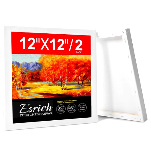 ESRICH Stretched Canvas for Painting 12 x 12 Inch, 2 Pack Blank Canvas -5/8 in Profile Primed Cotton White Canvases for Painting for Oil & Acrylic Paint