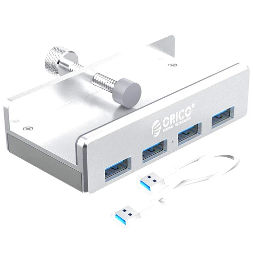 ORICO USB 3.0 Hub, USB Hub Clamp, Aluminum 4-Port USB Splitter with 4.92 FT USB Data Cable, Desktop Powered USB Hub for Monitors/Desks-Silver (without Power Adapter)