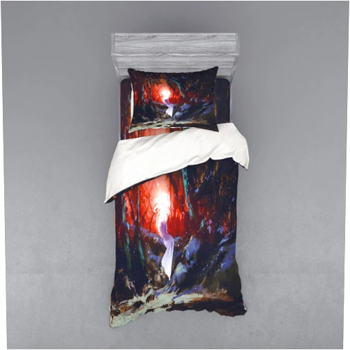 Lunarable Fantasy Bedding Set, Surreal Ghost Girl in an Enchanted Forest in Dark Woods Display Print, 3 Piece Duvet Cover Set with Sham and Fitted Sheet, Twin Size, Multicolor