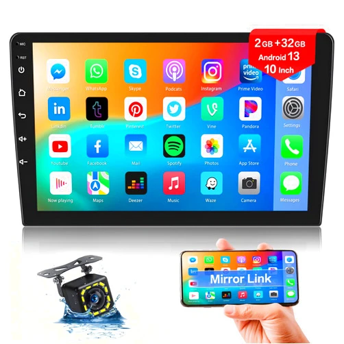 Hikity Android 13 Double Din Car Stereo GPS Navi 10 Inch Car Radio Touch Screen Android Head Unit Support Backup Camera SWC Bluetooth FM WiFi Mirror Link