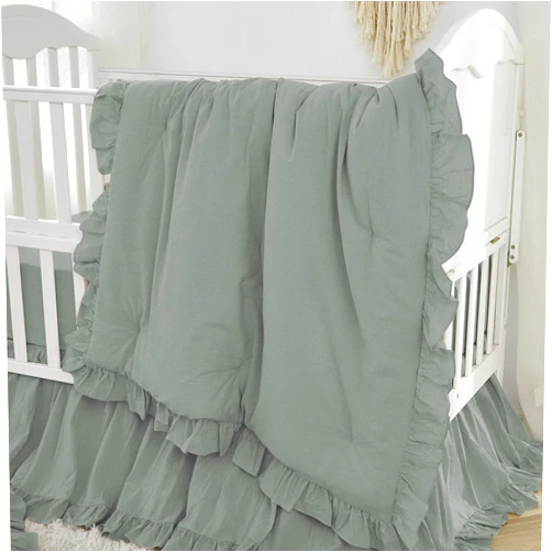 Brandream Gender Neutral Boho Bohemian Baby Girl Boy Nursery 3 Pieces Crib Bedding Set Solid Green Farmhouse Chic Ruffle Unisex Cozy 100% Washed Cotton