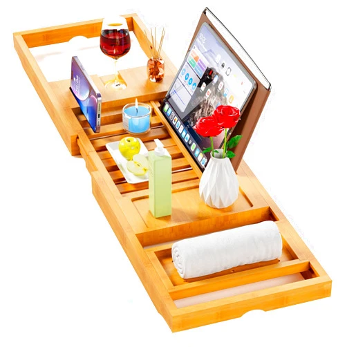 Yirilan Bamboo Bathtub Tray Caddy, Expandable Wooden Bathroom Tray, Luxury Bamboo Bathtub Tray, Bath Tub Table Caddy, Bamboo