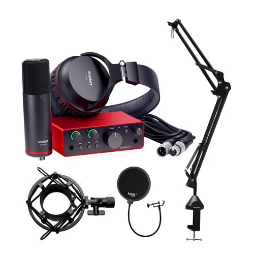 Focusrite Scarlett Solo Studio 4th Gen USB Audio Interface with Mic Preamp and Air Mode - Easy Setup Bundle with Pop Filter, Microphone Stand, and Shock mount (4 Items)
