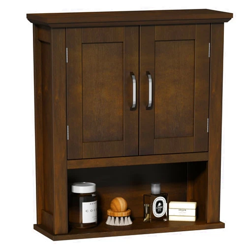 ChooChoo Wood Wall Cabinet with Doors, Medicine Cabinet with Adjustable Shelves Over The Toilet, Rustic Cabinet Wall Mounted for Bathroom, Kitchen, Living Room, Walnut