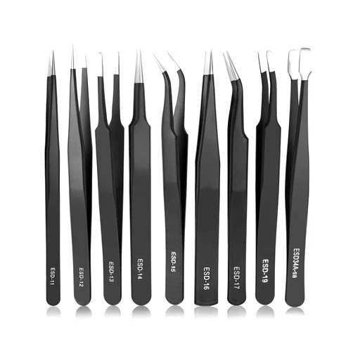 Vastar Precision ESD Tweezer Kit, Anti-Static Non-magnetic Tweezers, ESD-11/ ESD-12/ ESD-14/ ESD-16 Pointed Tip, ESD-13 Rounded Tip, ESD-15 / ESD-17/ ESD-19 Curved Tip, ESD-34A-sa Flat Tip