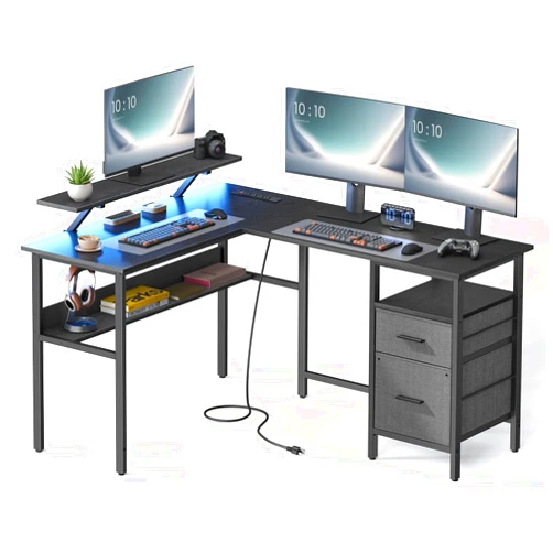 VASAGLE L-Shaped Desk with Power Outlets, Computer Desk with Monitor Stand, Corner Desk, Gaming Desk with LED Lights, 2 Drawers, Easy to Assemble, for Home Office, Ebony Black ULWD095B56