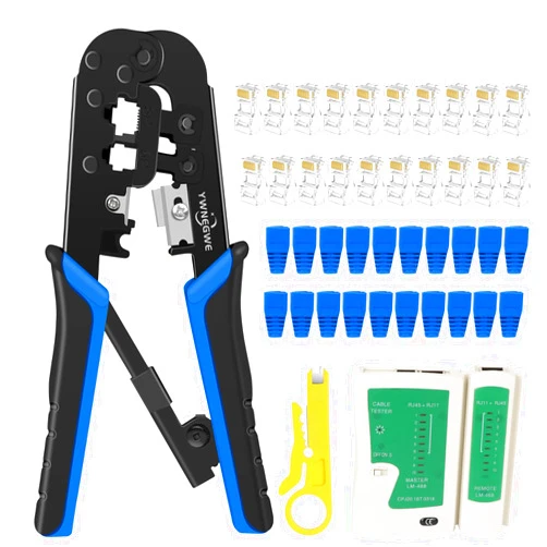 YWNEGWE RJ45 Crimping Tool Kit Ethernet Crimp Set, RJ-11, 6P/RJ-12, 8P/RJ-45 Crimp, Cut and Strip with 20PCS CAT5 CAT5e Connectors, Covers,1 Network Cable Tester 1 Wire Stripper