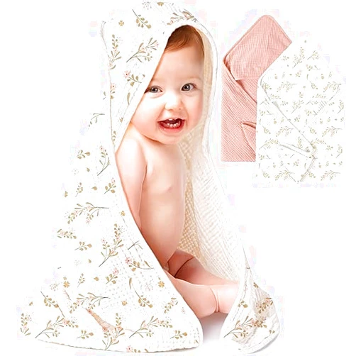 Konssy 2-Pack Muslin Hooded Baby Towels, 100% Cotton, Ultra-Soft & Absorbent Baby Bath Towels with Hood for Newborn & Infant (Pink, Floral,30