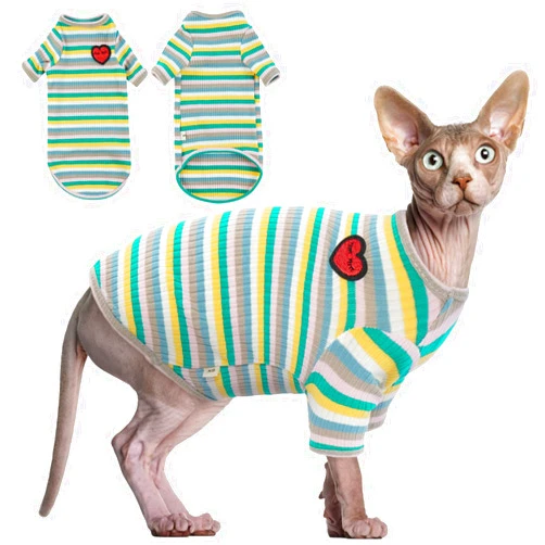 Bonaweite Sphynx Hairless Cats Shirt, Cornish Rex Kitten Rainbow Stripe T-Shirts with Sleeves, Breathable Cat Wear Turtleneck Sweater, Adorable Peterbald Cat's Clothes Vest Pajamas for All Season
