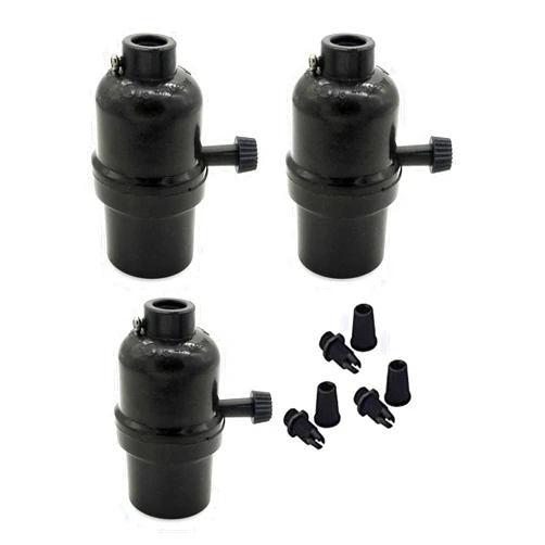 Glo-shine Keyless Medium Base Vintage Socket,Black Bakelite Socket E26/E27 Vintage Screw Bulbs Edison Ceiling Retro Pendant Lamp Holder (3-Pack,With Turn Knob)