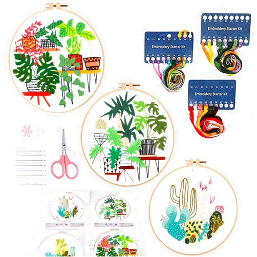 VINTAGE EMBROIDERY V.E. Embroidery Kit for Beginners,Stamped Cross Stitch Kits for Adults DIY Craft, 3pcs Embroidery Starter Kit with Pattern Hoop and Fabric, Needles Threads,