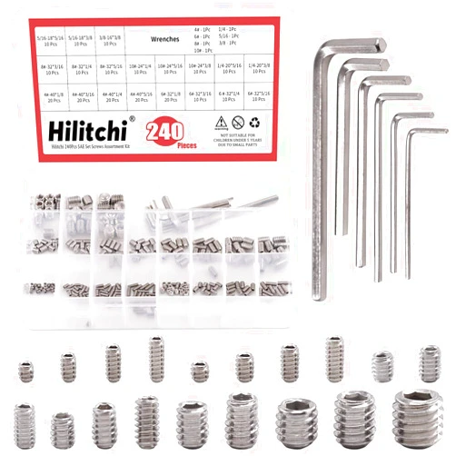 Hilitchi 240Pcs 19Sizes SAE Stainless Hex Allen Head Socket Set Screws Grub Screw Bolts Assortment Kit Internal Hex Drive Cup-Point Screws with 7 Hex Wrenches