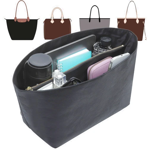 Doxo Tote Bag Organizer Insert Compatible with Long Champ Medium, G.oyard PM, Neverfull MM and More, Light Waterproof DupontPaper le pliage Medium Organizer(Full Black, M)