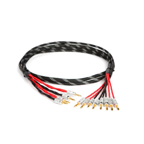 Harun Technologies Elite Pure Copper Black Silver Braided Bi-Wire Speaker Cable 1 Pair, 2 to 4 Gold-Plated Banana Plugs, Made in USA. (3 Ft)