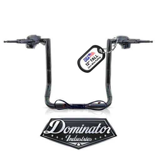 Dominator Industries 1 1/4” Prewired 12” Gloss Black Miter Bar Apes compatible with Harley-Davidson Electra & Street Glide, Special, Ultra Limited, Low - for 2014-2023 Heated Grip Option