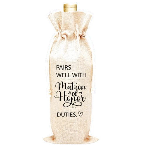 OZTEMETY Reusable Wine Gift Bag - Pairs Well With Matron Of Honor Duties - Personalized Burlap Bag for Bridesmaid Proposal, Will You Be My Maid Of Hornor - 1 Pc Wine Bag(B09)