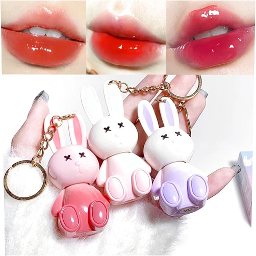 Bekoeen 3Psc Rabbit Key chain Jelly Lip Glaze,Moisturising Crystal Keychain 2 in 1Lip Glow Gel,Sparkling Lipgloss Liquid Lipstick Set, Hydrating Sweet Lip Gloss Set
