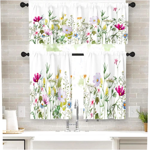 Emvency Spring Flower Kitchen Window Curtains Valance and Tier Set 36 Inch, Pink and Purple Floral 3 Piece Set Short Curtains for Window, Summer Window Treatment Tiers for Living Room Bedroom