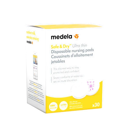 Medela Safe & Dry Ultra Thin Disposable Nursing Pads, 30 Count Breast Pads for Breastfeeding, Leakproof Design, Slender and Contoured for Optimal Fit and Discretion