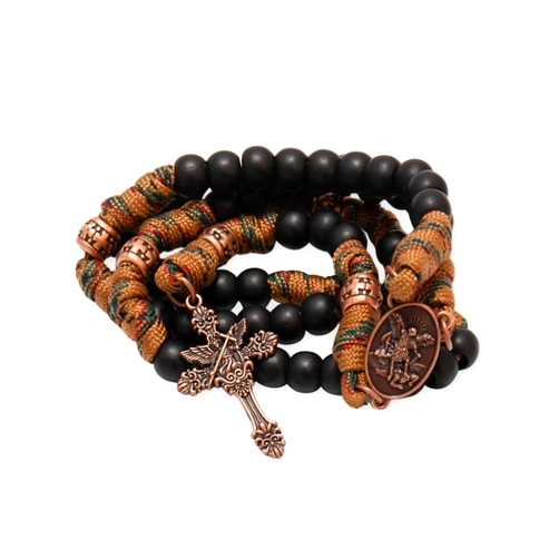 Nazareth Store Paracord Rosary Necklace 8mm Black Beads Antique Bronze Strong Rugged Corded Catholic Rosary with St.Michael Medal & Cross Crucifix