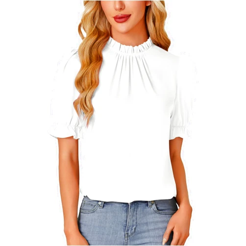 Rooscier Women's Frill Mock Neck Puff Short Sleeve Elegant Office Work Blouse Shirt Top