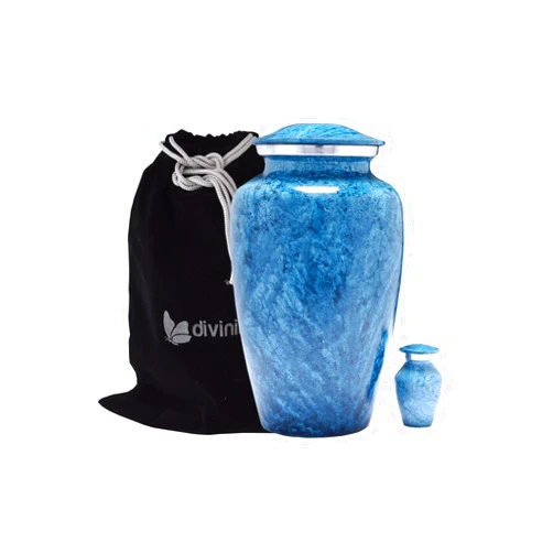 Divinityurns Blue Marble Finish Cremation Urn Set - Blue Urn - Affordable Handcrafted Adult Funeral Urn for Ashes - Large Urn with Free Keepsake Deal