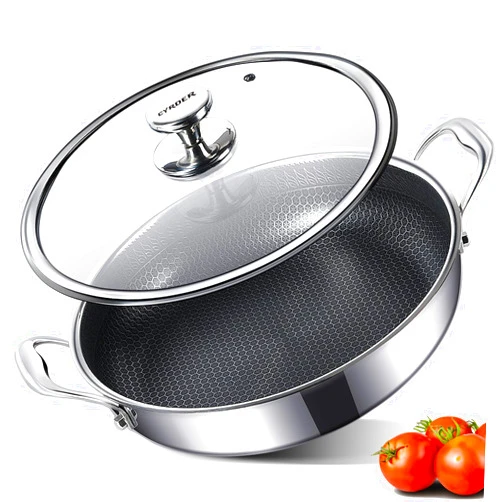 Cyrder 316L Stainless Steel Frying Pan-12.5inch Hybrid Nonstick Wok with Lid, Two Handle Hold, PFOA Free, Dishwasher Oven Safe, Paella Pan for Stir fry/Toast/Roast/Bake/Stew, 6 Quart