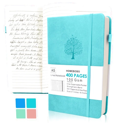 HOMEBOBO Journals for Writing, A5 Leather Ruled Notebook with 400 Pages, 100 Gms College Ruled Journal with Thick Paper, Hardcover with Inner Pocket & Pen Holder, Lake Green