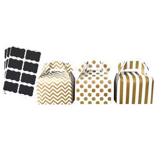 Outside the Box Papers Gold Paper Gable Favor Boxes - Wedding Christmas Supply- Chevron Stripe Polka Dot - Scalloped Chalkboard Labels - 24 Pack