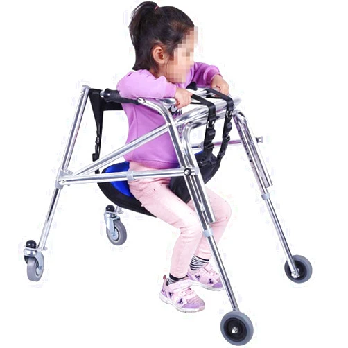 ZXR-Walker Walker Pulley Rear-Mounted Walker One-Way Folding Anti-Backward Size Walker Height Adjustable for Cerebral Palsy Children Rehabilitation Training (Silver)